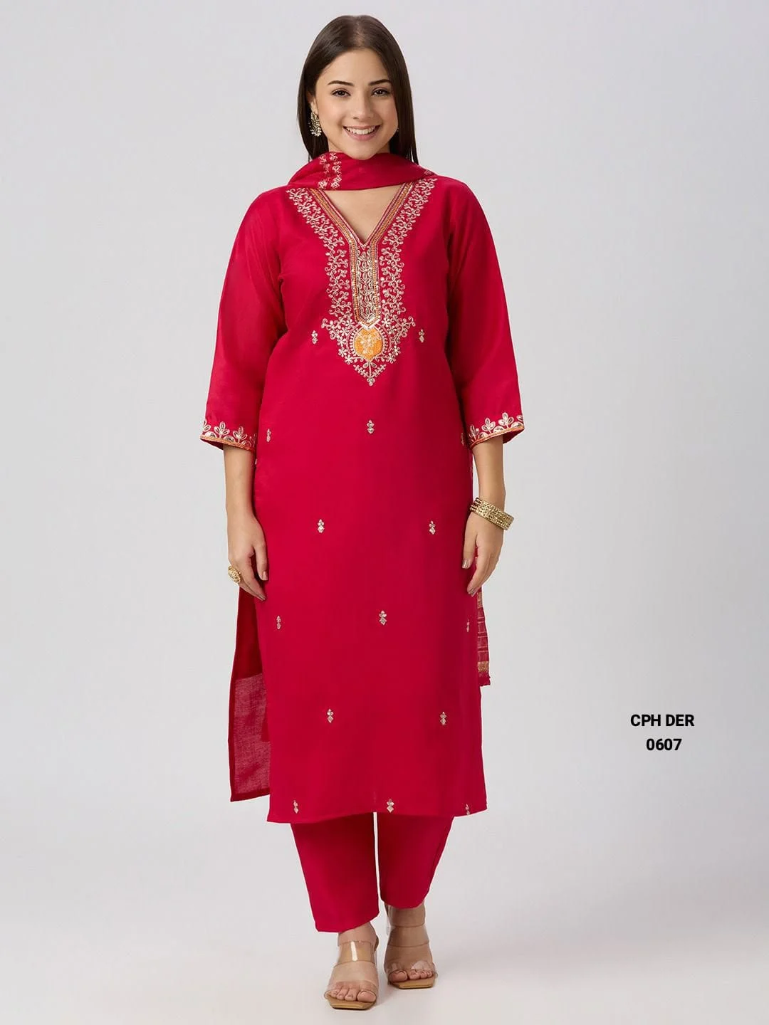 Crimson Red V-Neck Designers Kurti Pent Dupatta Salwar Suit